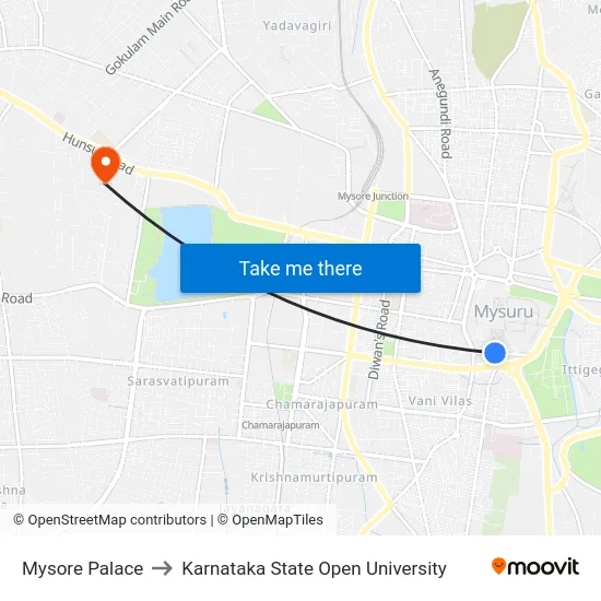 Mysore Palace to Karnataka State Open University map