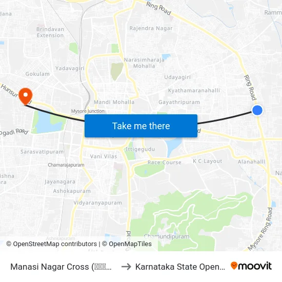 Manasi Nagar Cross (ಮಾನಸಿ ನಗರ ಕ್ರಾಸ್) to Karnataka State Open University map