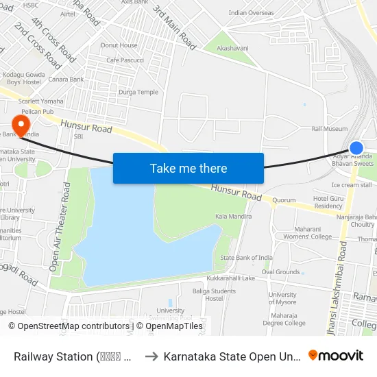Railway Station (ರೈಲು ನಿಲ್ದಾಣ) to Karnataka State Open University map