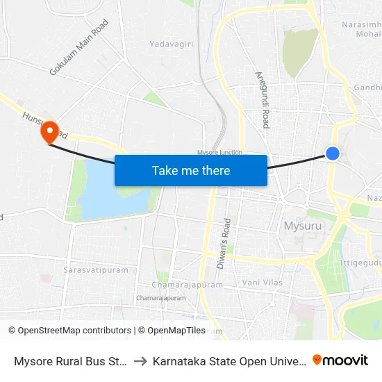 Mysore Rural Bus Stand to Karnataka State Open University map