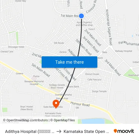 Adithya Hospital (ಆದಿತ್ಯ ಆಸ್ಪತ್ರೆ) to Karnataka State Open University map