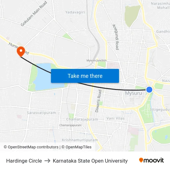 Hardinge Circle to Karnataka State Open University map