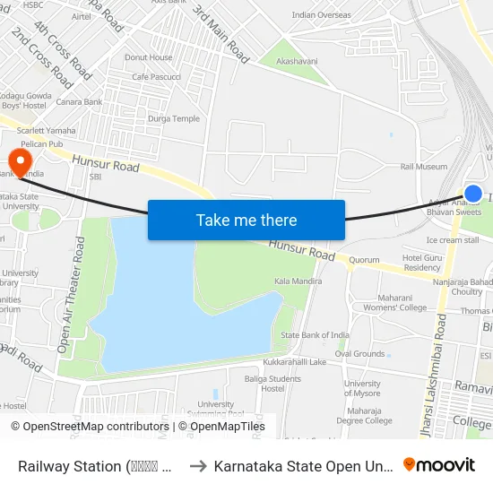 Railway Station (ರೈಲು ನಿಲ್ದಾಣ) to Karnataka State Open University map