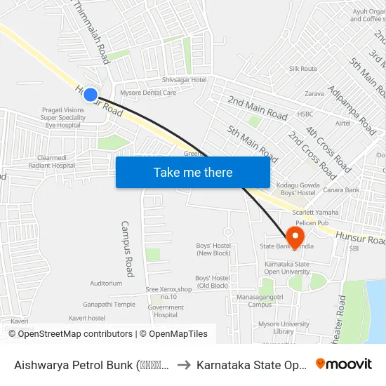 Aishwarya Petrol Bunk (ಐಶ್ವರ್ಯ ಪೆಟ್ರೋಲ್ ಬಂಕ್) to Karnataka State Open University map