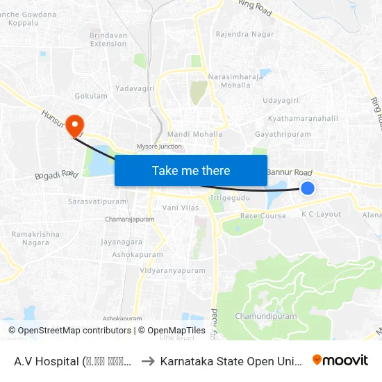 A.V Hospital (ಎ.ವಿ ಆಸ್ಪತ್ರೆ) to Karnataka State Open University map
