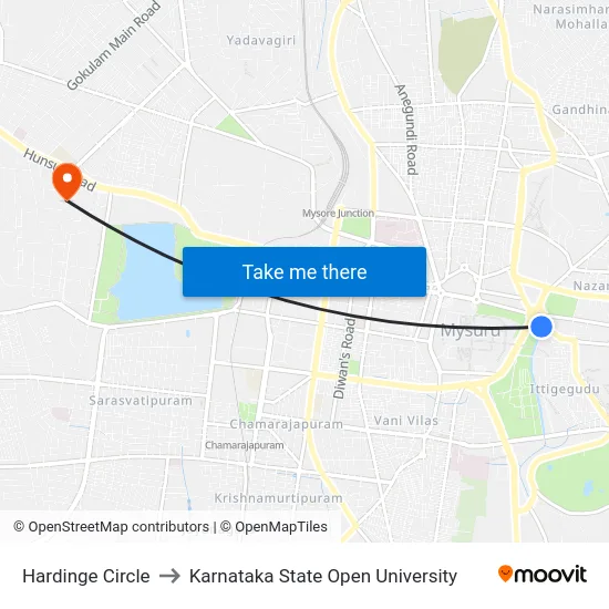 Hardinge Circle to Karnataka State Open University map