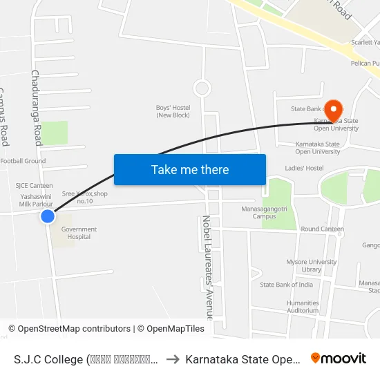 S.J.C College (ಶ್ರೀ ಜಯಚಾಮರಾಜೇಂದ್ರ ಕಾಲೇಜು) to Karnataka State Open University map