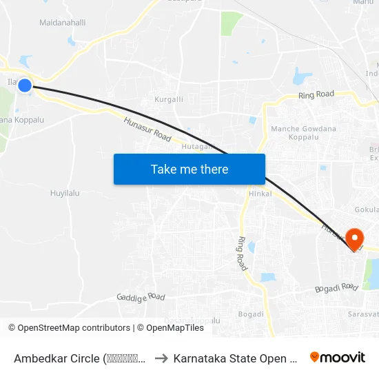 Ambedkar Circle (ಅಂಬೇಡ್ಕರ್‌ ವೃತ್ತ) to Karnataka State Open University map