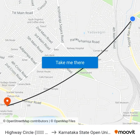 Highway Circle (ಹೈವೇ ವೃತ್ತ) to Karnataka State Open University map
