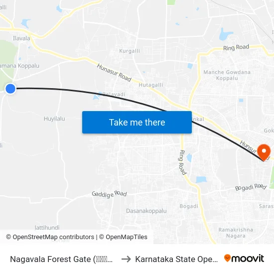 Nagavala Forest Gate (ನಾಗವಾಲ ಅರಣ್ಯ ದ್ವಾರ) to Karnataka State Open University map