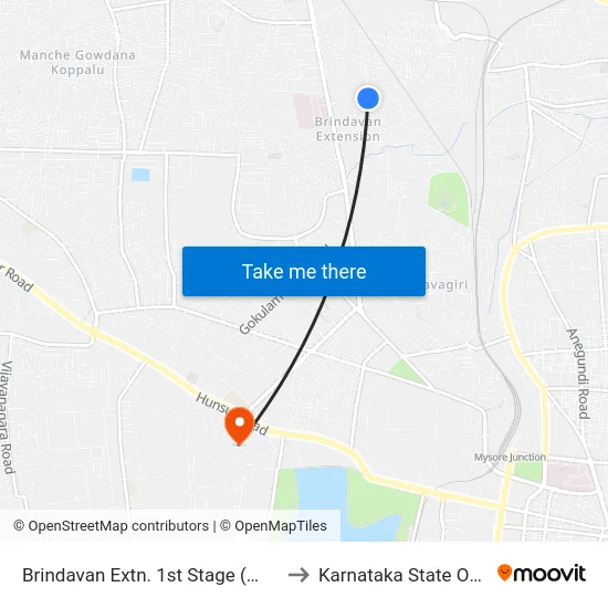 Brindavan Extn. 1st Stage (ಬೃಂದಾವನ ಬಡಾವಣೆ 1ನೇ ಹಂತ) to Karnataka State Open University map