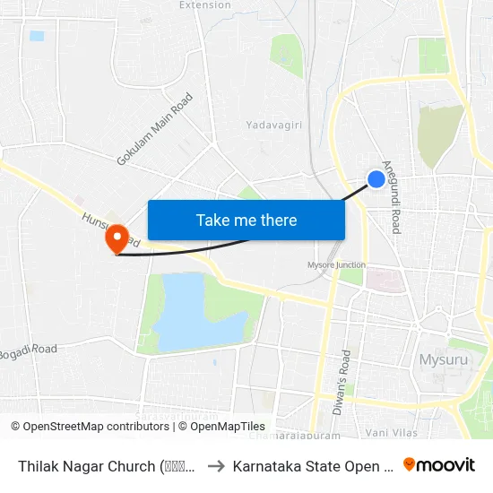 Thilak Nagar Church (ತಿಲಕ್‌ನಗರ ಚರ್ಚ್‌) to Karnataka State Open University map