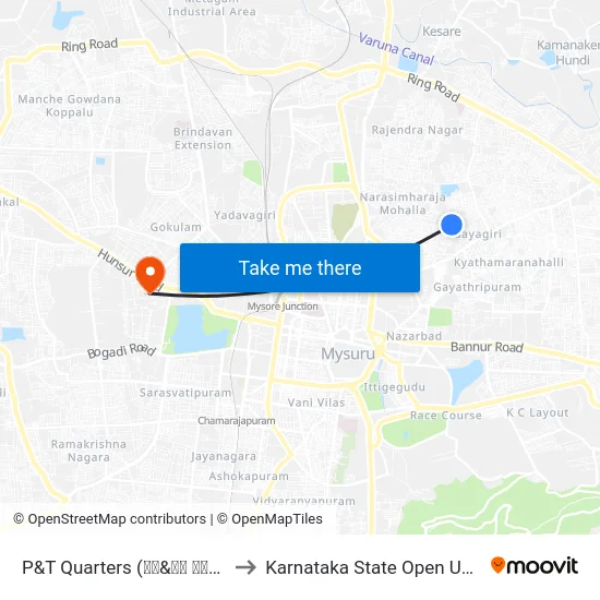 P&T Quarters (ಪಿ&ಟಿ ಕ್ವಾಟರ‍್ಸ್) to Karnataka State Open University map