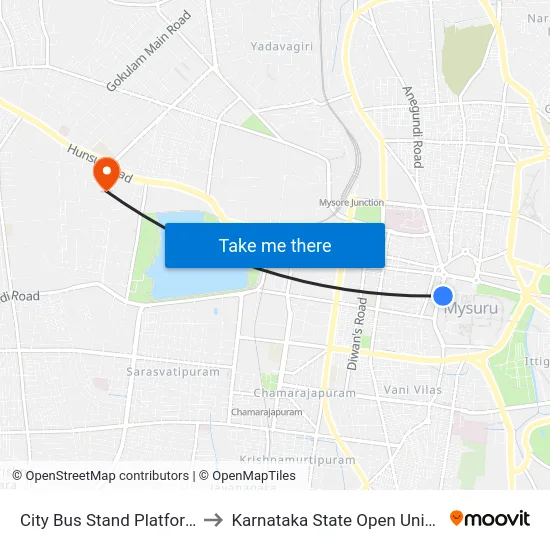 City Bus Stand Platform 29 to Karnataka State Open University map