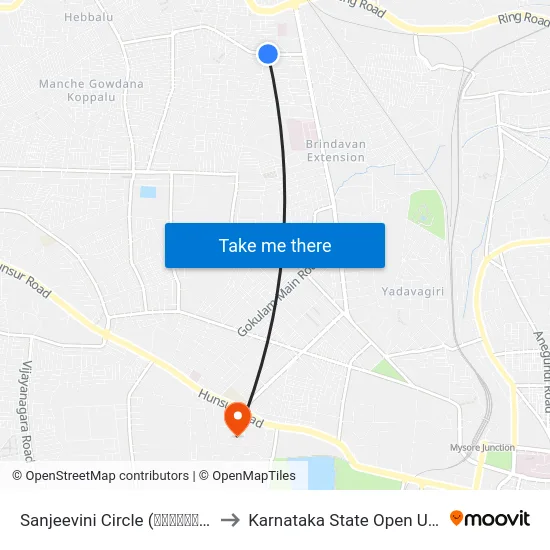 Sanjeevini Circle (ಸಂಜೀವಿನಿ ವೃತ್ತ) to Karnataka State Open University map