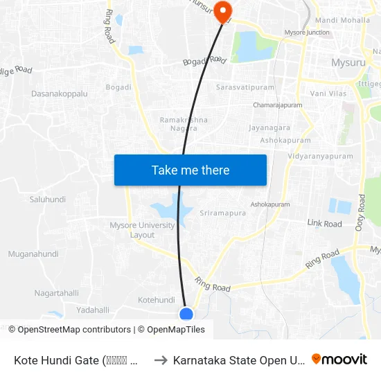 Kote Hundi Gate (ಕೋಟೆ ಹುಂಡಿ ಗೇಟ್) to Karnataka State Open University map