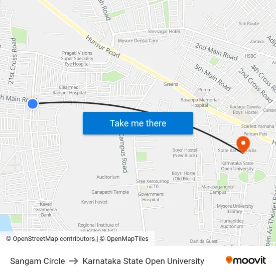 Sangam Circle to Karnataka State Open University map