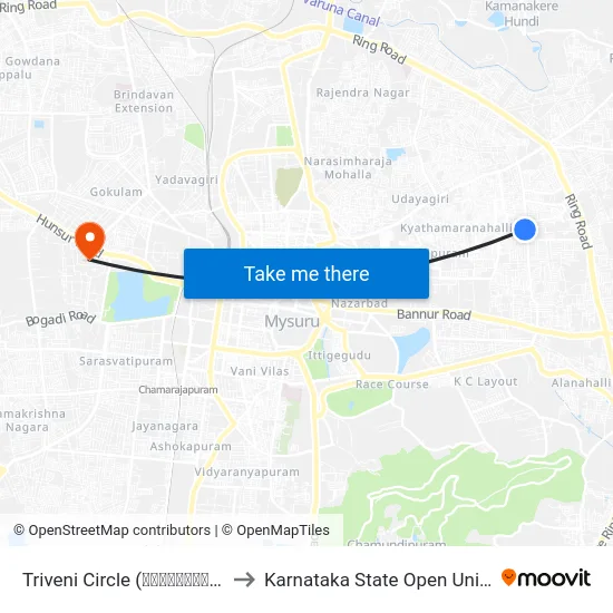 Triveni Circle (ತ್ರಿವೇಣಿ ವೃತ್ತ) to Karnataka State Open University map