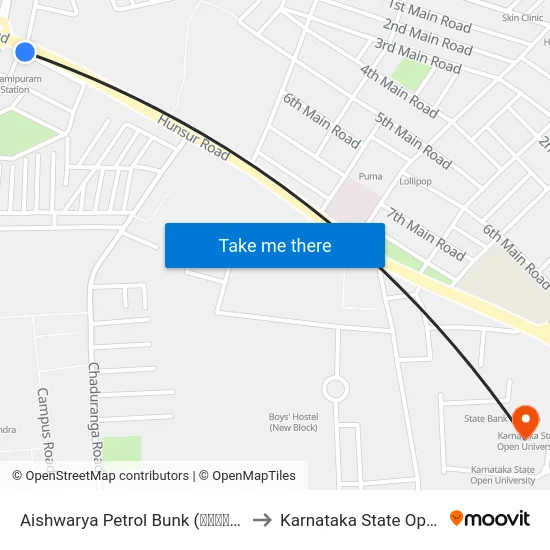 Aishwarya Petrol Bunk (ಐಶ್ವರ್ಯ ಪೆಟ್ರೋಲ್ ಬಂಕ್) to Karnataka State Open University map
