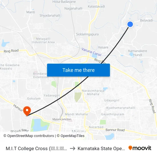 M.I.T College Cross (ಎಂ.ಐ.ಟಿ ಕಾಲೇಜು ಕ್ರಾಸ್) to Karnataka State Open University map