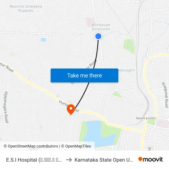 E.S.I Hospital (ಇ.ಎಸ್.ಐ ಆಸ್ಪತ್ರೆ) to Karnataka State Open University map