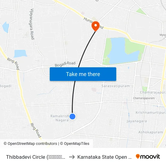 Thibbadevi Circle (ತಿಬ್ಬಾದೇವಿ ವೃತ್ತ) to Karnataka State Open University map