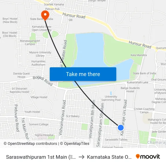 Saraswathipuram 1st Main (ಸರಸ್ವತಿ ಪುರಂ 1ನೇ ಮೈನ್) to Karnataka State Open University map