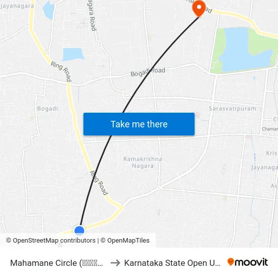 Mahamane Circle (ಮಹಾಮನೆ ವೃತ್ತ) to Karnataka State Open University map