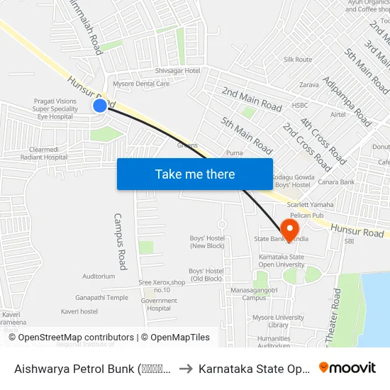 Aishwarya Petrol Bunk (ಐಶ್ವರ್ಯ ಪೆಟ್ರೋಲ್ ಬಂಕ್) to Karnataka State Open University map