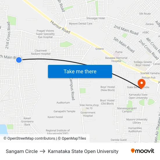 Sangam Circle to Karnataka State Open University map