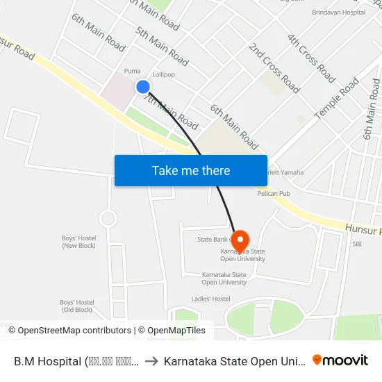 B.M Hospital (ಬಿ.ಎಂ ಆಸ್ಪತ್ರೆ) to Karnataka State Open University map