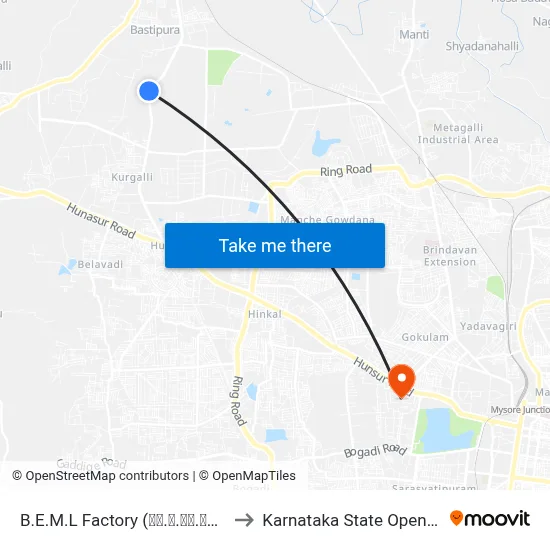 B.E.M.L Factory (ಬಿ.ಇ.ಎಂ.ಎಲ್ ಫ್ಯಾಕ್ಟರಿ) to Karnataka State Open University map