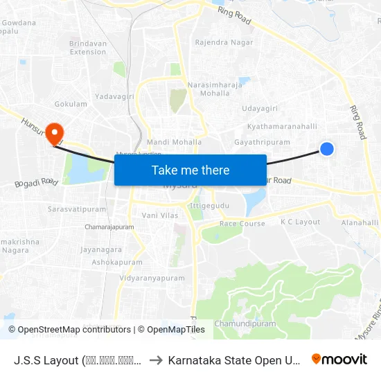 J.S.S Layout (ಜೆ.ಎಸ್.ಎಸ್ ಬಡಾವಣೆ) to Karnataka State Open University map