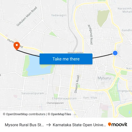 Mysore Rural Bus Stand to Karnataka State Open University map