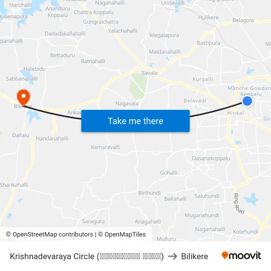 Krishnadevaraya Circle (ಕೃಷ್ಣದೇವರಾಯ ವೃತ್ತ) to Bilikere map