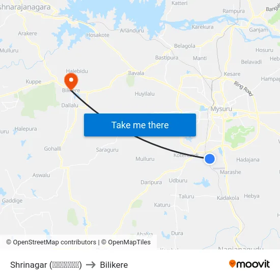 Shrinagar (ಶ್ರೀನಗರ) to Bilikere map