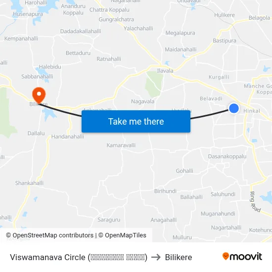 Viswamanava Circle (ವಿಶ್ವಮಾನವ ವೃತ್ತ) to Bilikere map