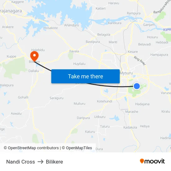 Nandi Cross to Bilikere map