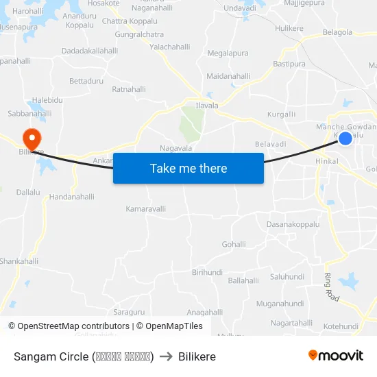 Sangam Circle (ಸಂಗಮ್ ವೃತ್ತ) to Bilikere map
