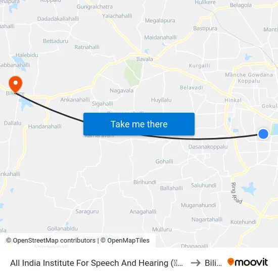 All India Institute For Speech And Hearing (ಅಖಿಲ ಭಾರತ ವಾಕ್‌ ಶ್ರವಣ ಸಂಸ್ಥೆ) to Bilikere map