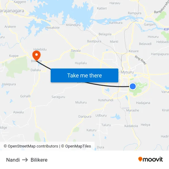 Nandi to Bilikere map