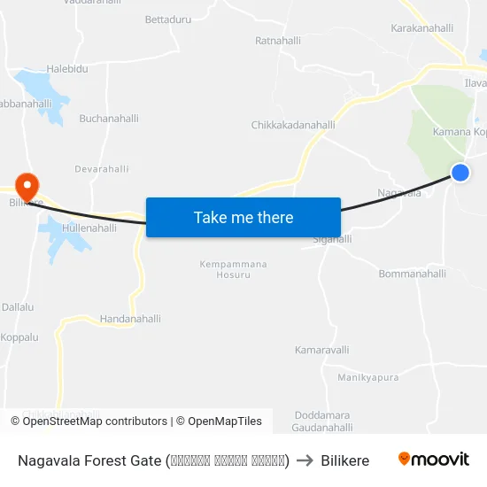 Nagavala Forest Gate (ನಾಗವಾಲ ಅರಣ್ಯ ದ್ವಾರ) to Bilikere map
