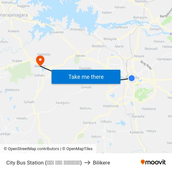 City Bus Station (ನಗರ ಬಸ್ ನಿಲ್ದಾಣ) to Bilikere map
