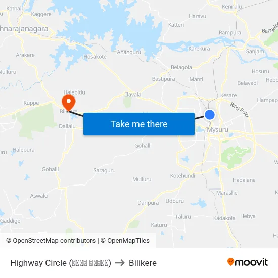 Highway Circle (ಹೈವೇ ವೃತ್ತ) to Bilikere map