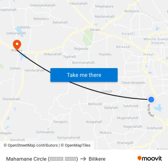 Mahamane Circle (ಮಹಾಮನೆ ವೃತ್ತ) to Bilikere map