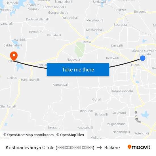 Krishnadevaraya Circle (ಕೃಷ್ಣದೇವರಾಯ ವೃತ್ತ) to Bilikere map