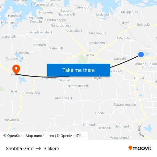 Shobha Gate to Bilikere map