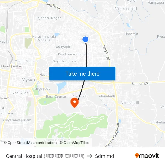 Central Hospital (ಸೆಂಟ್ರಲ್ ಆಸ್ಪತ್ರೆ) to Sdmimd map