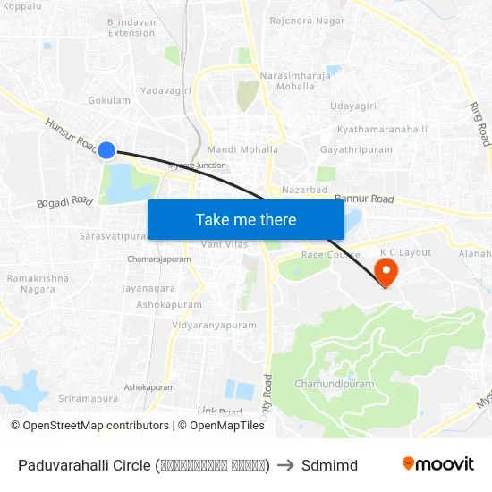 Paduvarahalli Circle (ಪಡುವರಹಳ್ಳಿ ವೃತ್ತ) to Sdmimd map
