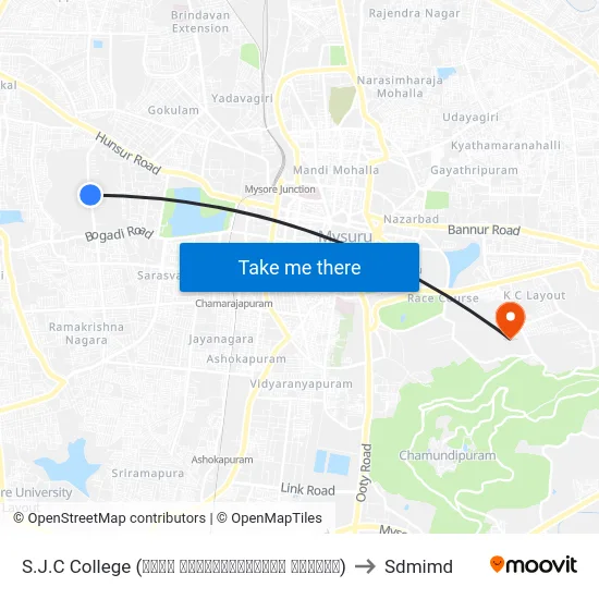 S.J.C College (ಶ್ರೀ ಜಯಚಾಮರಾಜೇಂದ್ರ ಕಾಲೇಜು) to Sdmimd map